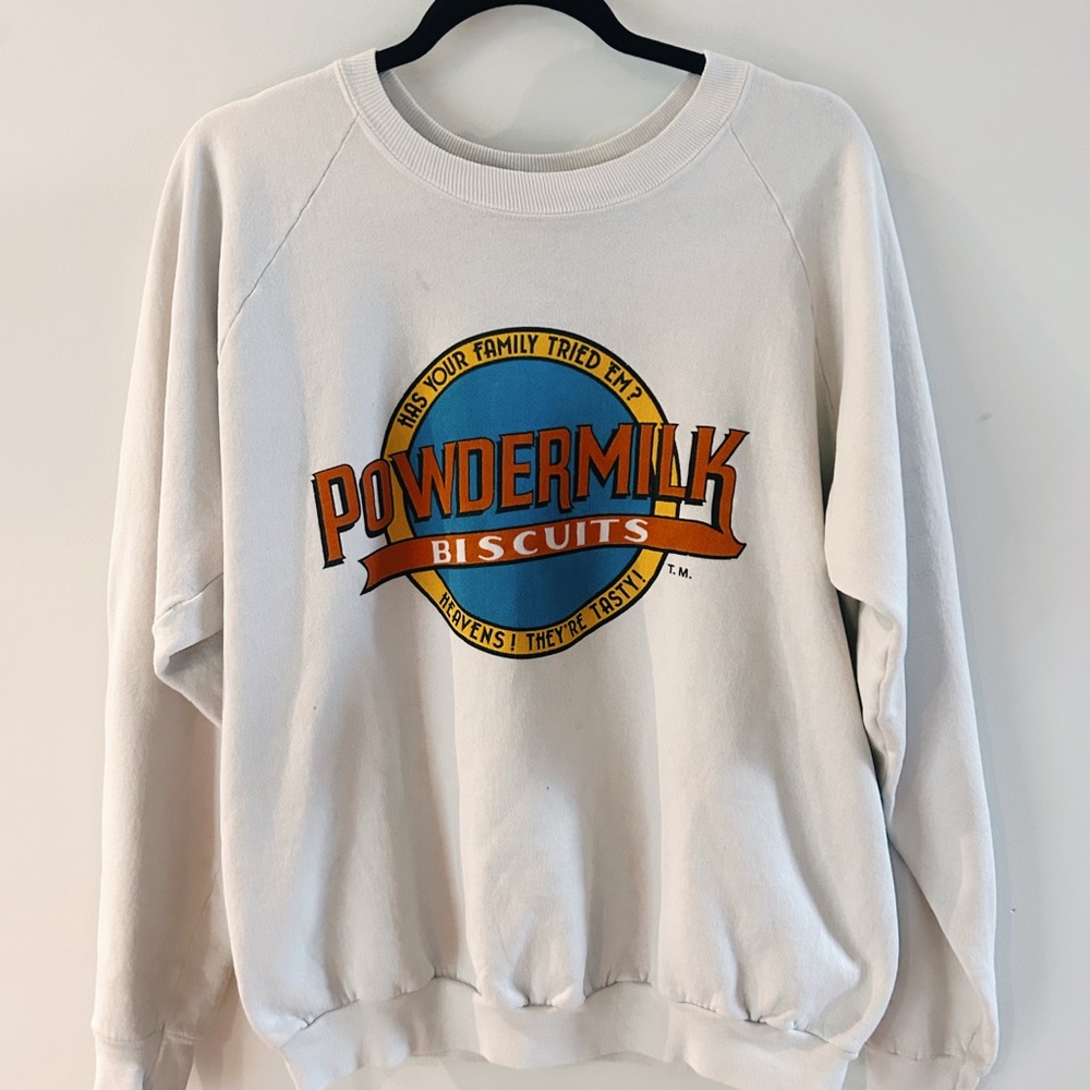 Powdermilk Biscuits Vintage Graphic Sweatshirt - Cream with Orange & Blue Logo